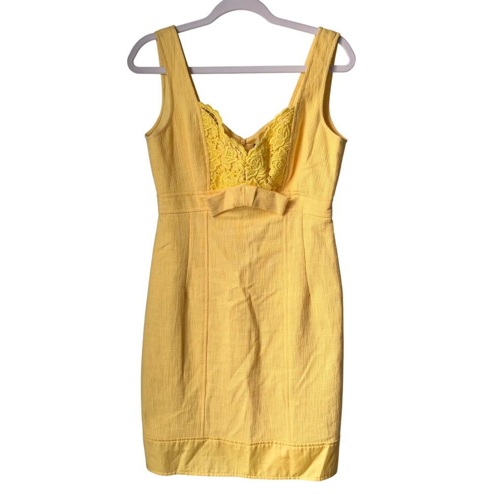 Nanette Lepore Yellow Lace Dress Sleeveless Bow Cotton Sheath Wedding Guest SZ 8